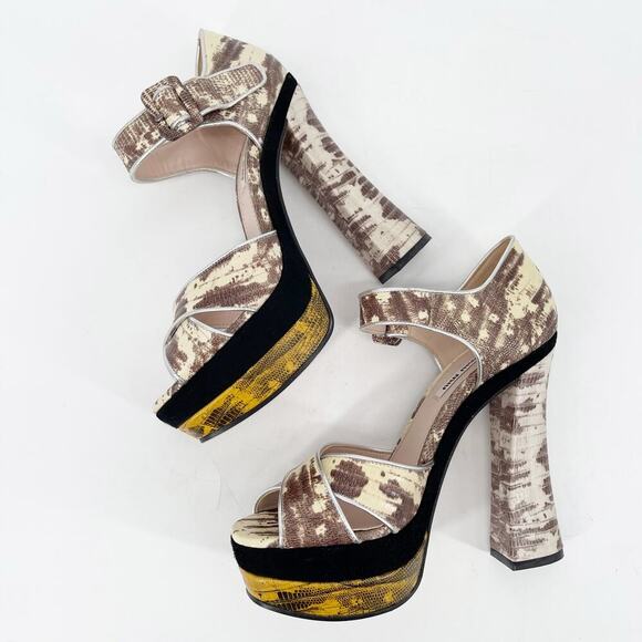 Miu Miu Beige Black Gold Teju Lizard Embossed Platform Sandals Heels IT 39.5 - Picture 5 of 14